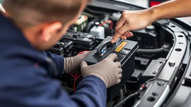 Механик инсталира акумулатор в моторния отсек на автомобил.